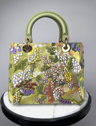Dior Limited Edition Green Floral Embroidered Medium Lady Dior Bag w Strap