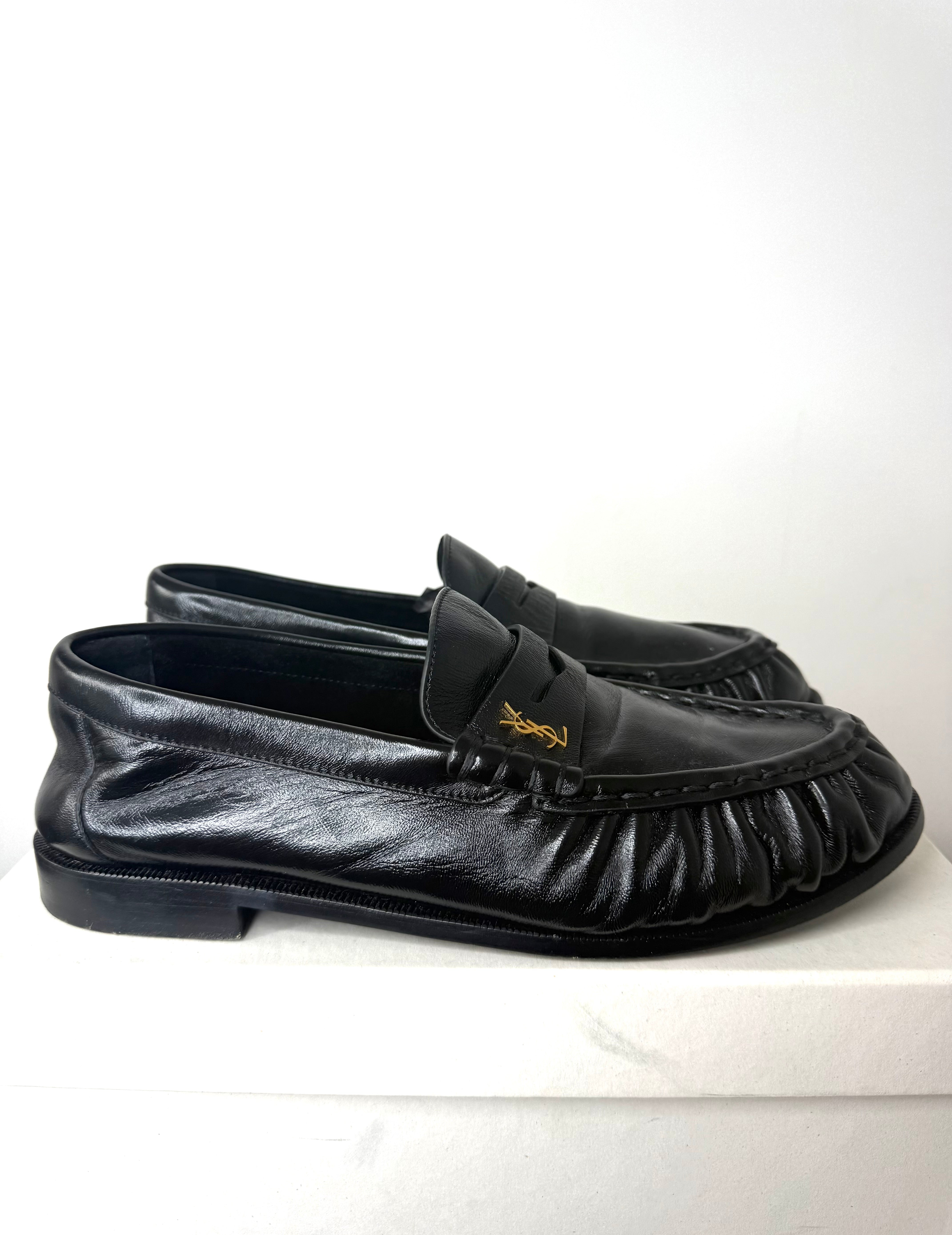 YSL Black Ruched Leather Loafer Excellent Condition