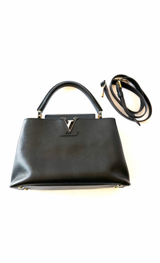 Black Leather Capucines MM 2 Way Bag