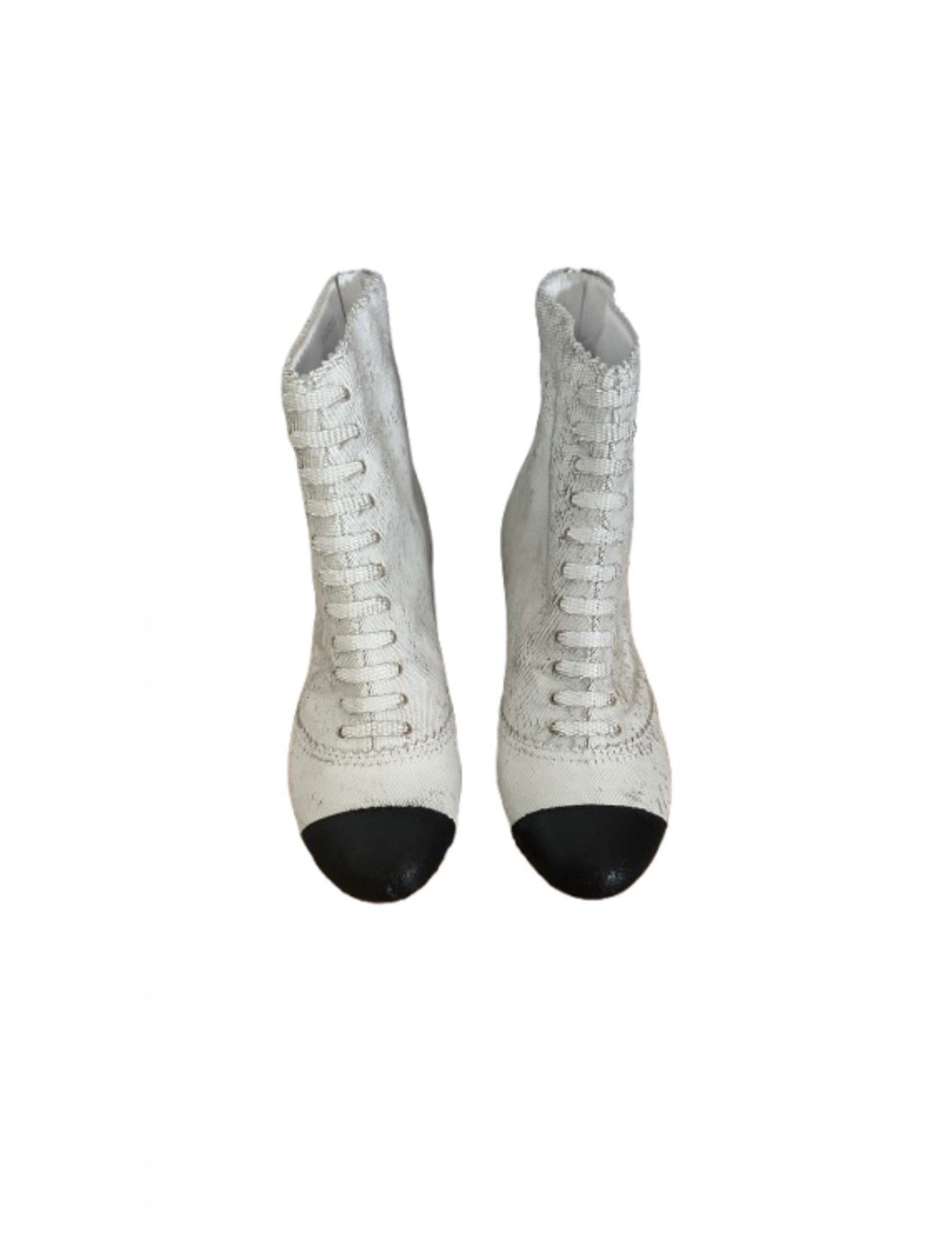 Chanel Lizard White & Black Toe Lace Up Boots