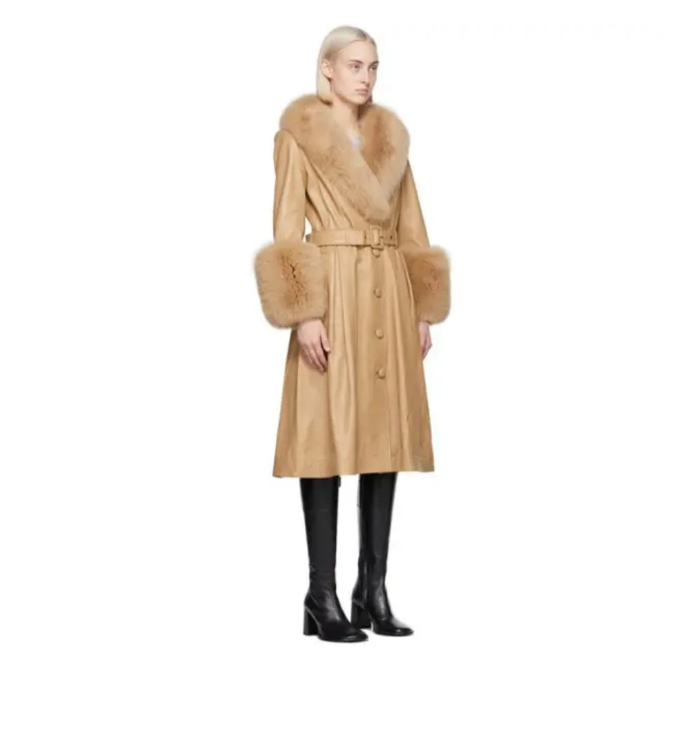 Beige Foxy Lambskin Leather Coat