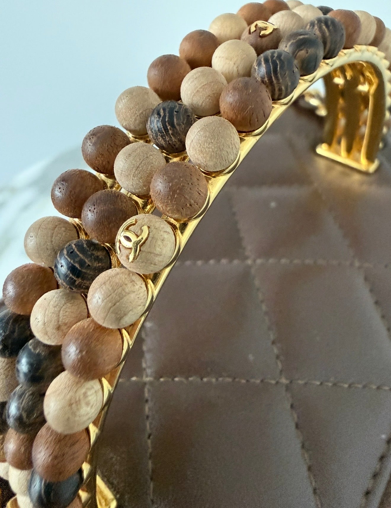Brown Lambskin Matelasse Wooden Beaded 2 Way Vanity Bag