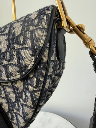 Dior Blue Oblique Canvas Medium Saddle Bag Excellent Condition