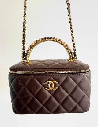 Brown Lambskin Matelasse Wooden Beaded 2 Way Vanity Bag