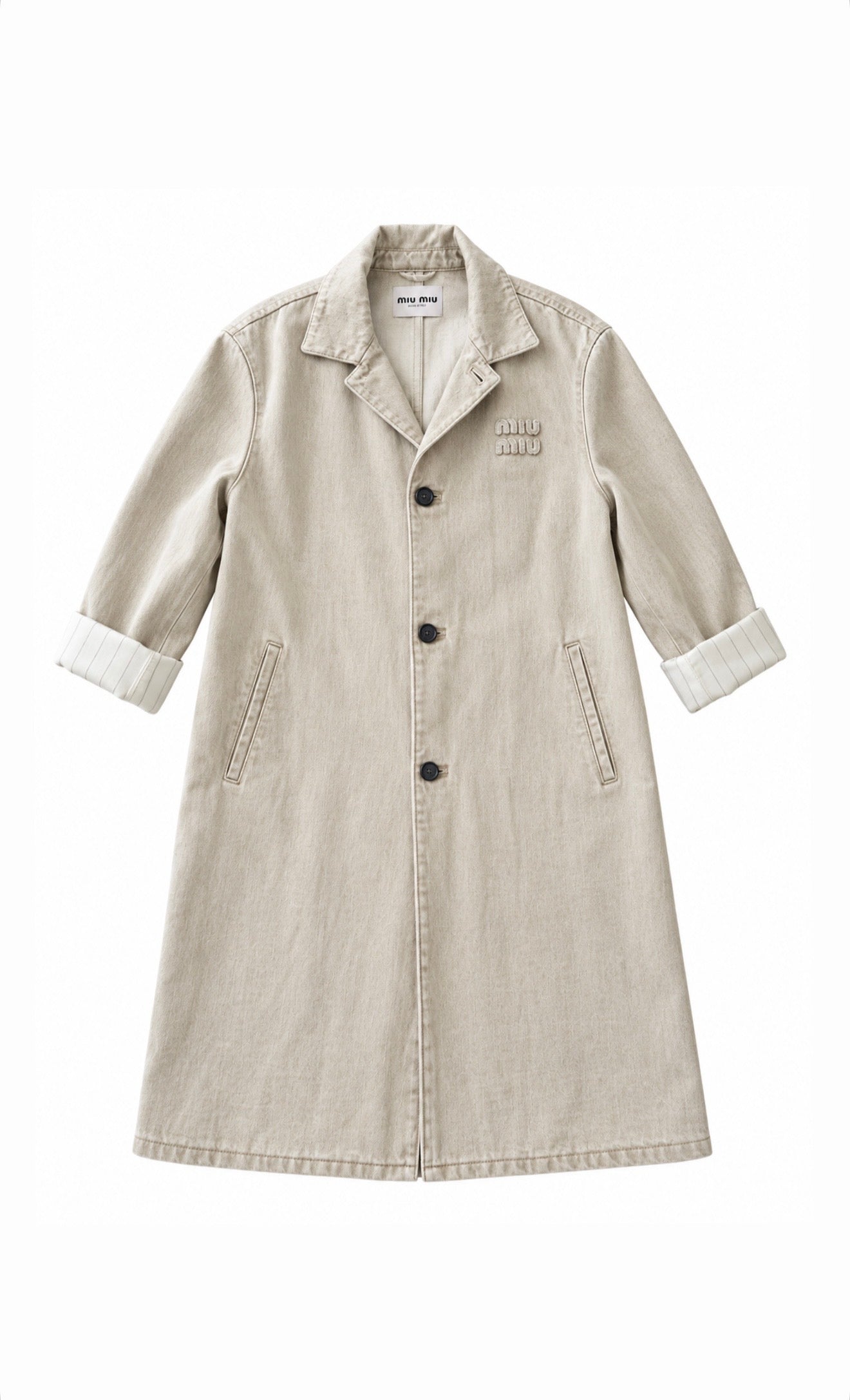 Miu Miu Beige Long Denim Coat w Silk Stripe Lining