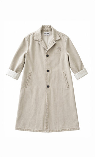 Miu Miu Beige Long Denim Coat w Silk Stripe Lining