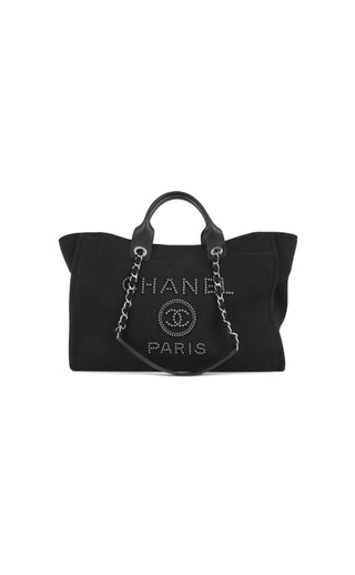 Black Canvas Large Deauville Tote w Pearl Embellishments