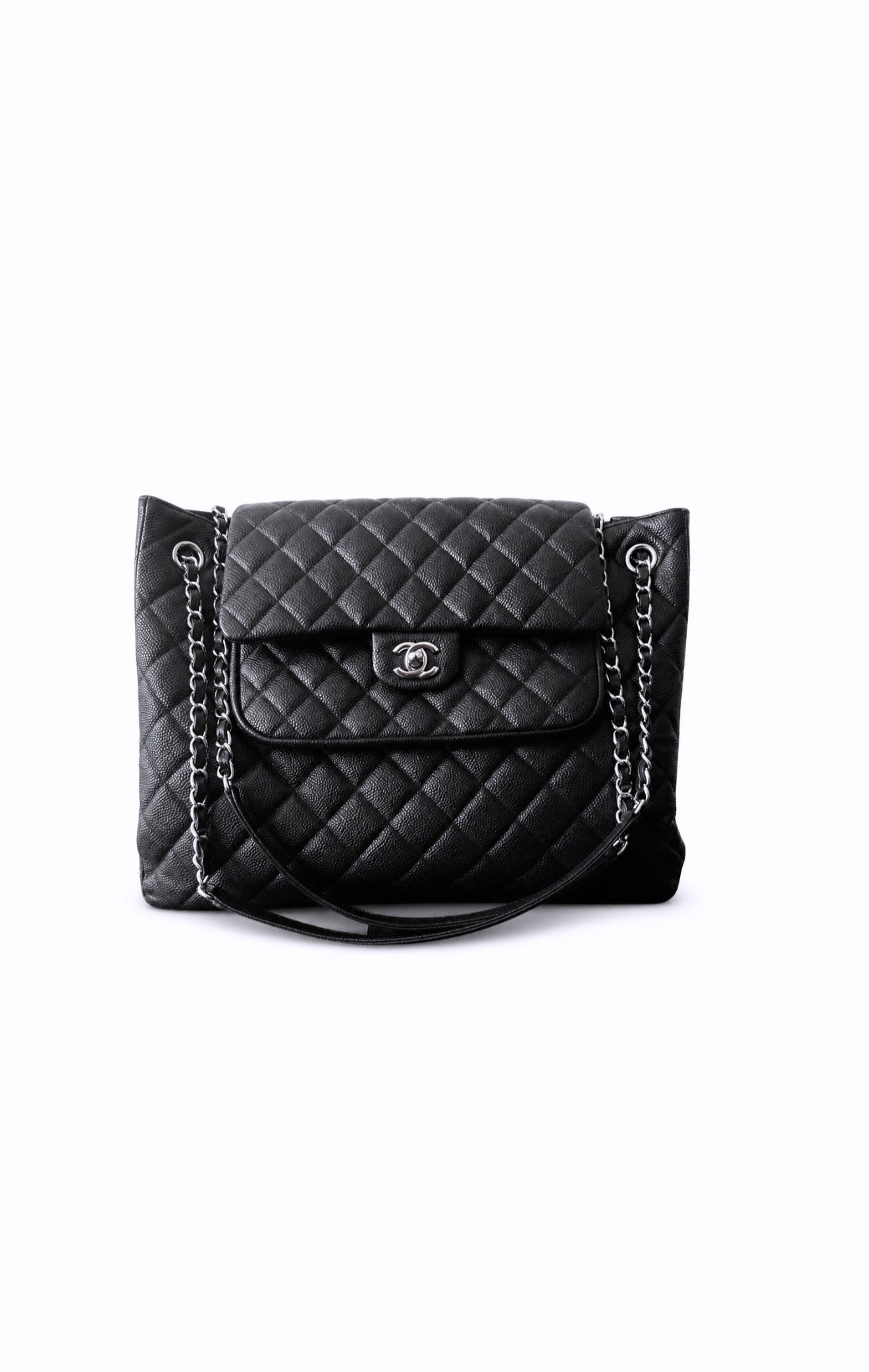 Black Quilted Caviar Paris-Edinburgh Large Flap Tote Silver Hardware