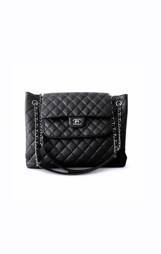 Black Quilted Caviar Paris-Edinburgh Large Flap Tote Silver Hardware