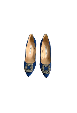 Manolo Blahnik Blue Satin Hangisi Pumps Like New Condition Size 37.5