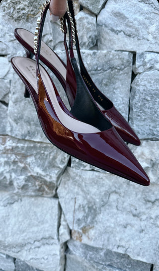Dark Red Patent Leather Embellished Signoria Slingback Pumps