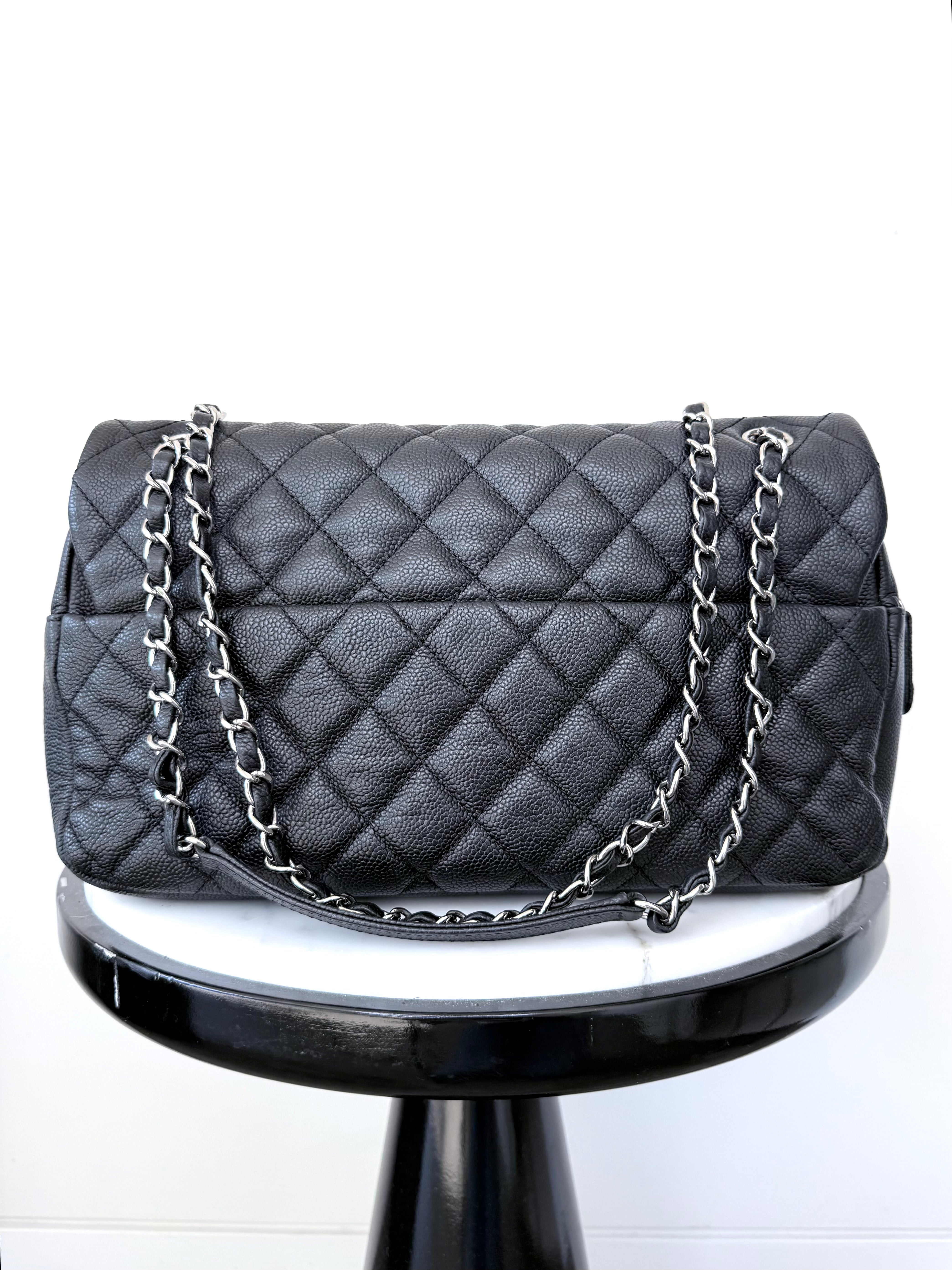 Black Quilted Caviar Jumbo Easy Flap Bag Good Condition