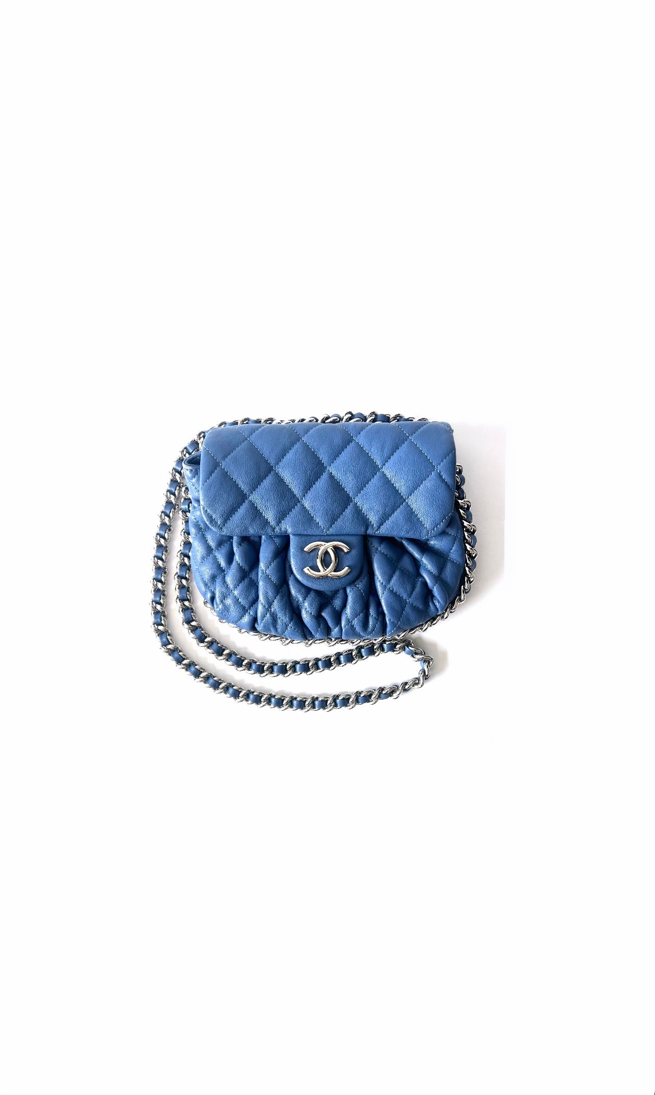 Blue Quilted Calfskin Chain Around Small Messenger Bag