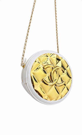 Round Quilted Gold Metal Mini Clutch w Chain Bag