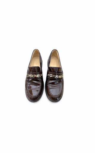 Brown Patent Calfskin Loafers w Gold Chain Letter Logo