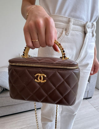 Brown Lambskin Matelasse Wooden Beaded 2 Way Vanity Bag
