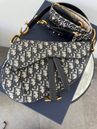 Dior Blue Oblique Canvas Medium Saddle Bag Excellent Condition