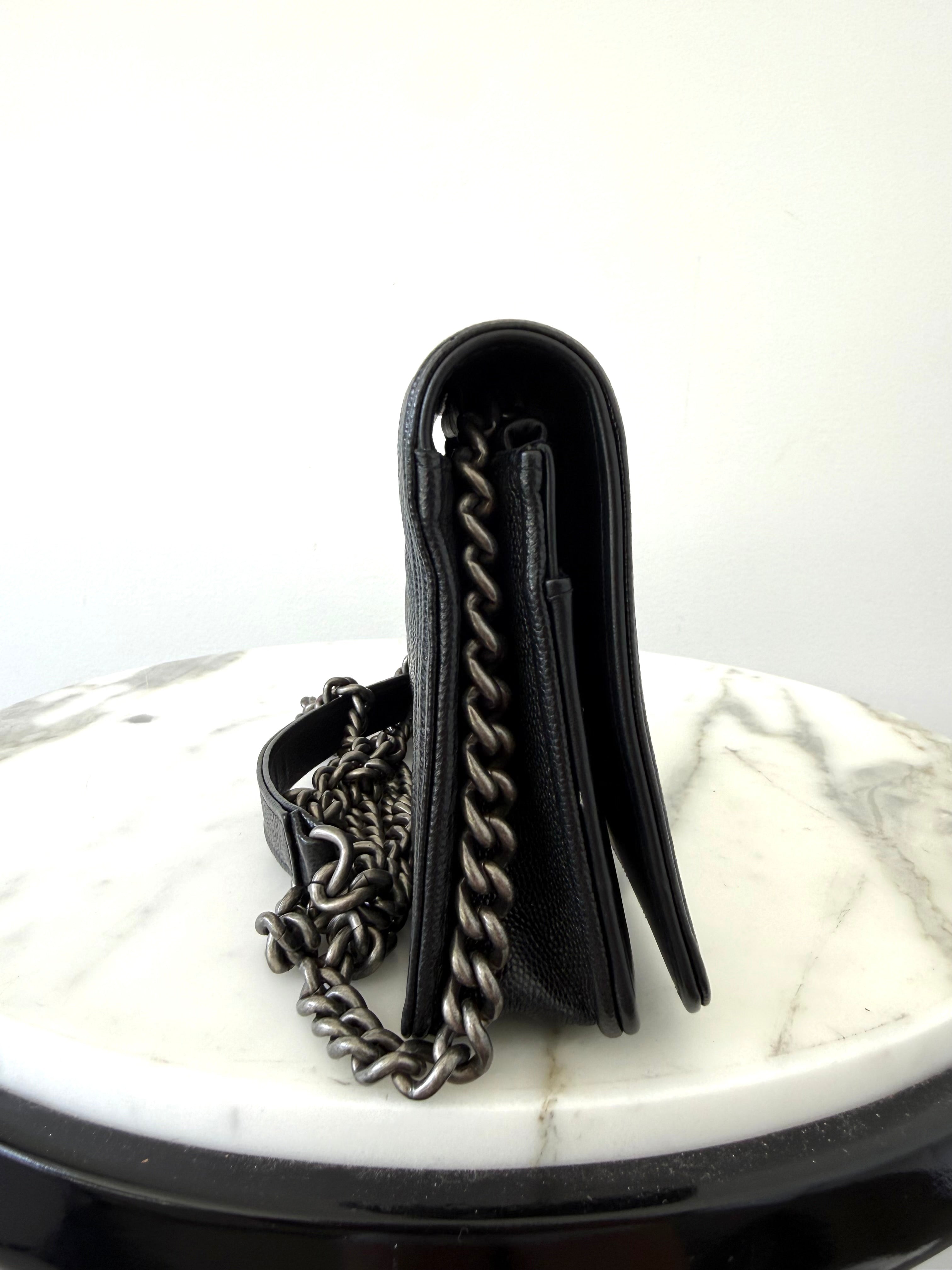 Chanel Black Caviar Boy Wallet On Chain w Ruthenium Hardware
