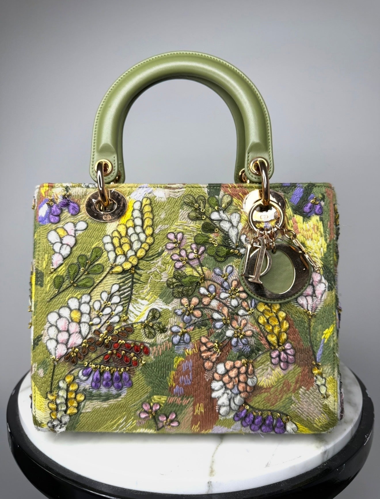 Dior Limited Edition Green Floral Embroidered Medium Lady Dior Bag w Strap