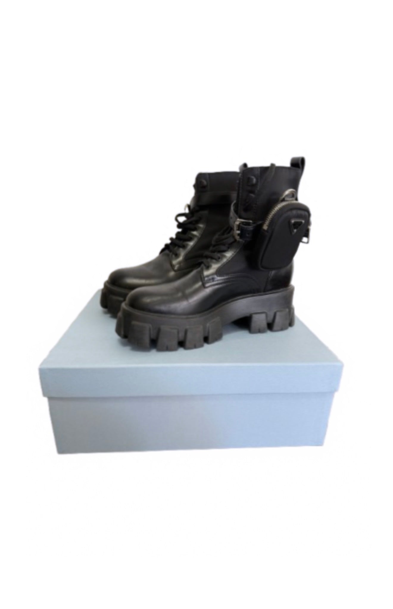 PRADA Black Monolith Brushed LeatherRe-Nylon Boots
Size 38.5