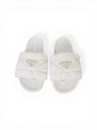 Prada White Fluffy Slides