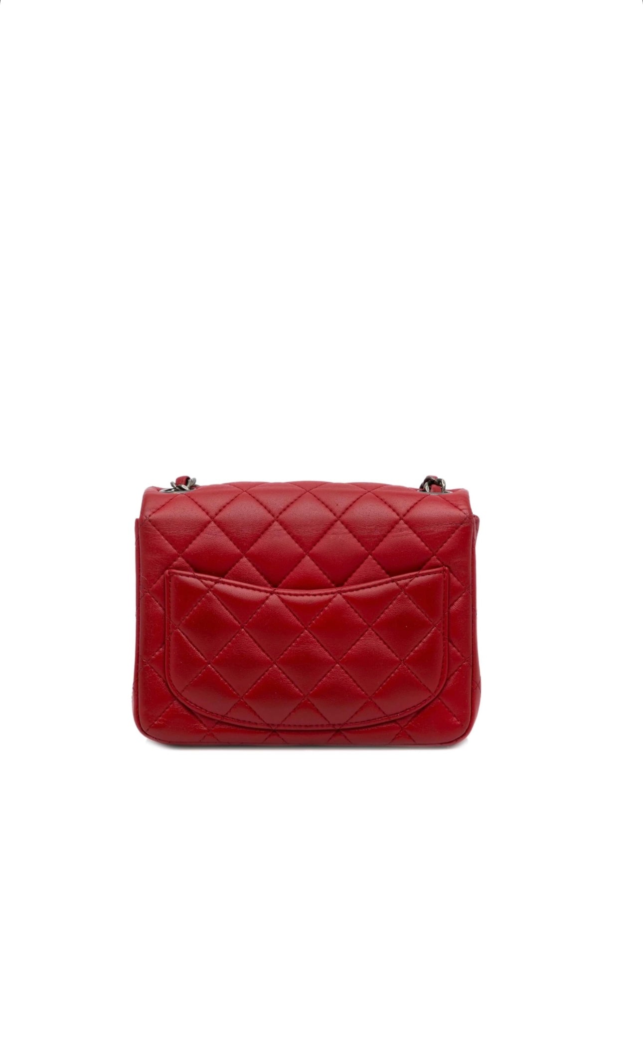 Red Square Mini Lambskin Quilted Flap Bag w Ruthenium Hardware
