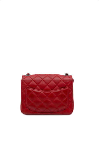 Red Square Mini Lambskin Quilted Flap Bag w Ruthenium Hardware