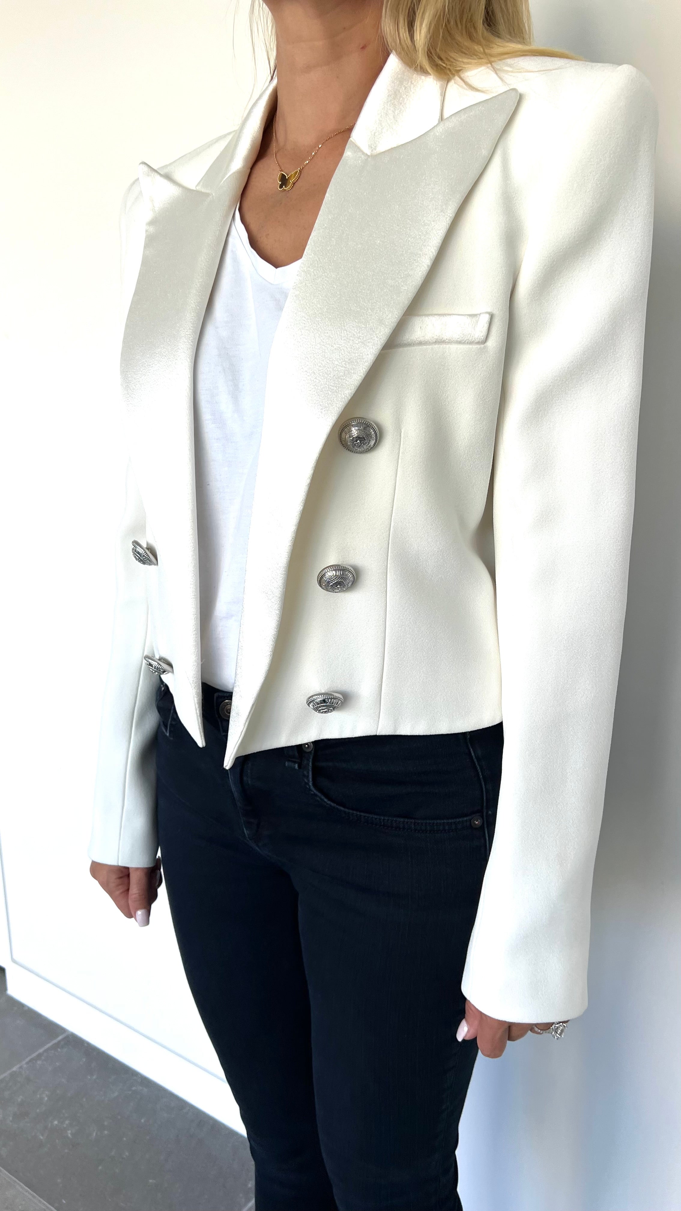 White Cropped Blazer with Silver Buttons