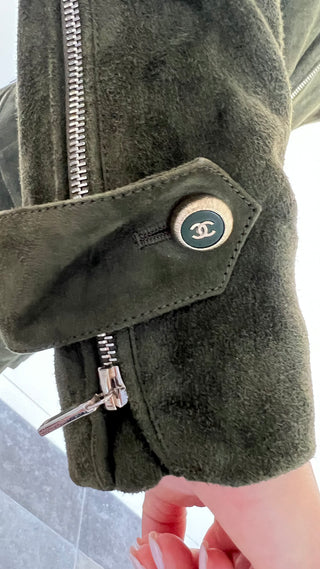Khaki Suede Coat with Silver Zip Details