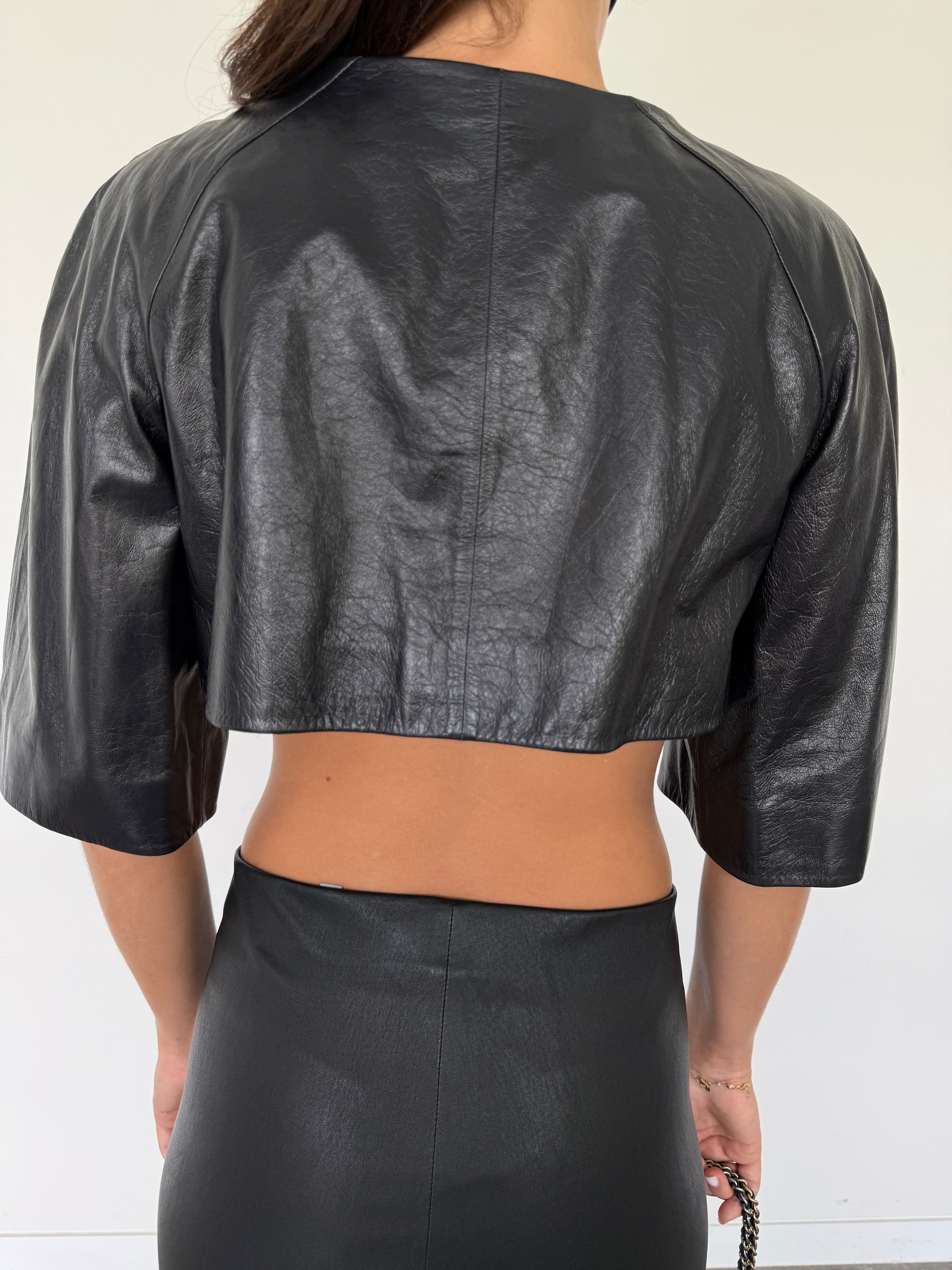 Chanel Black Leather Cropped Jacket w Pearl Buttons