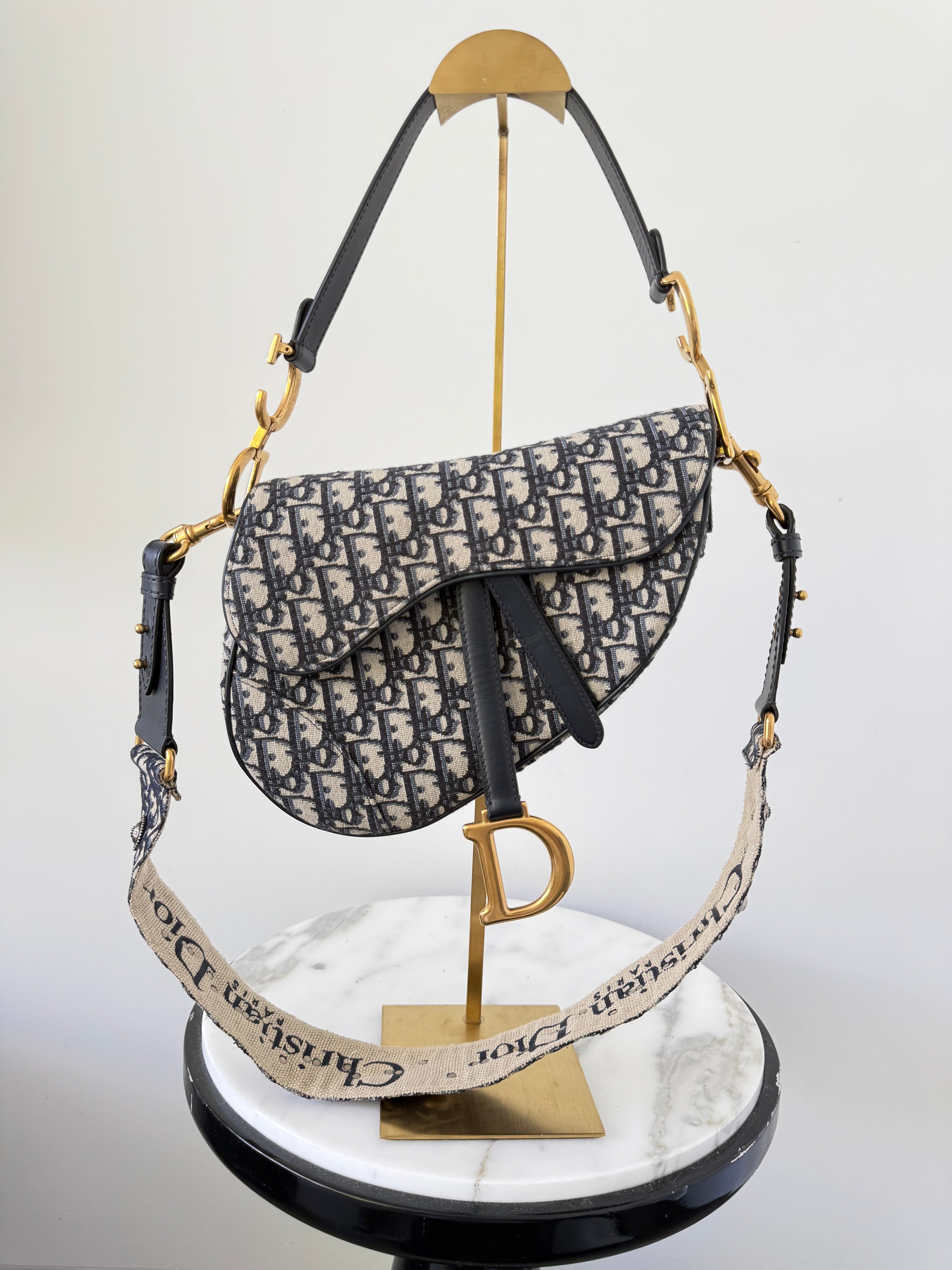 Dior Blue Oblique Canvas Medium Saddle Bag Excellent Condition