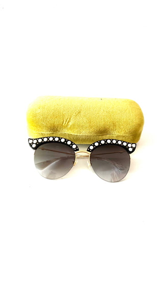 Black & Gold Cat Eye Sunglasses with Pearls.