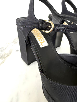 Chanel Black Grosgrain Platform Sandals Very Good Condition