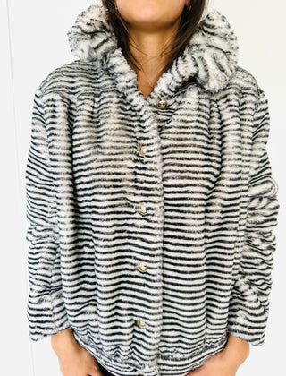 Black & White Faux Fur Striped Zebra Coat Excellent Condition