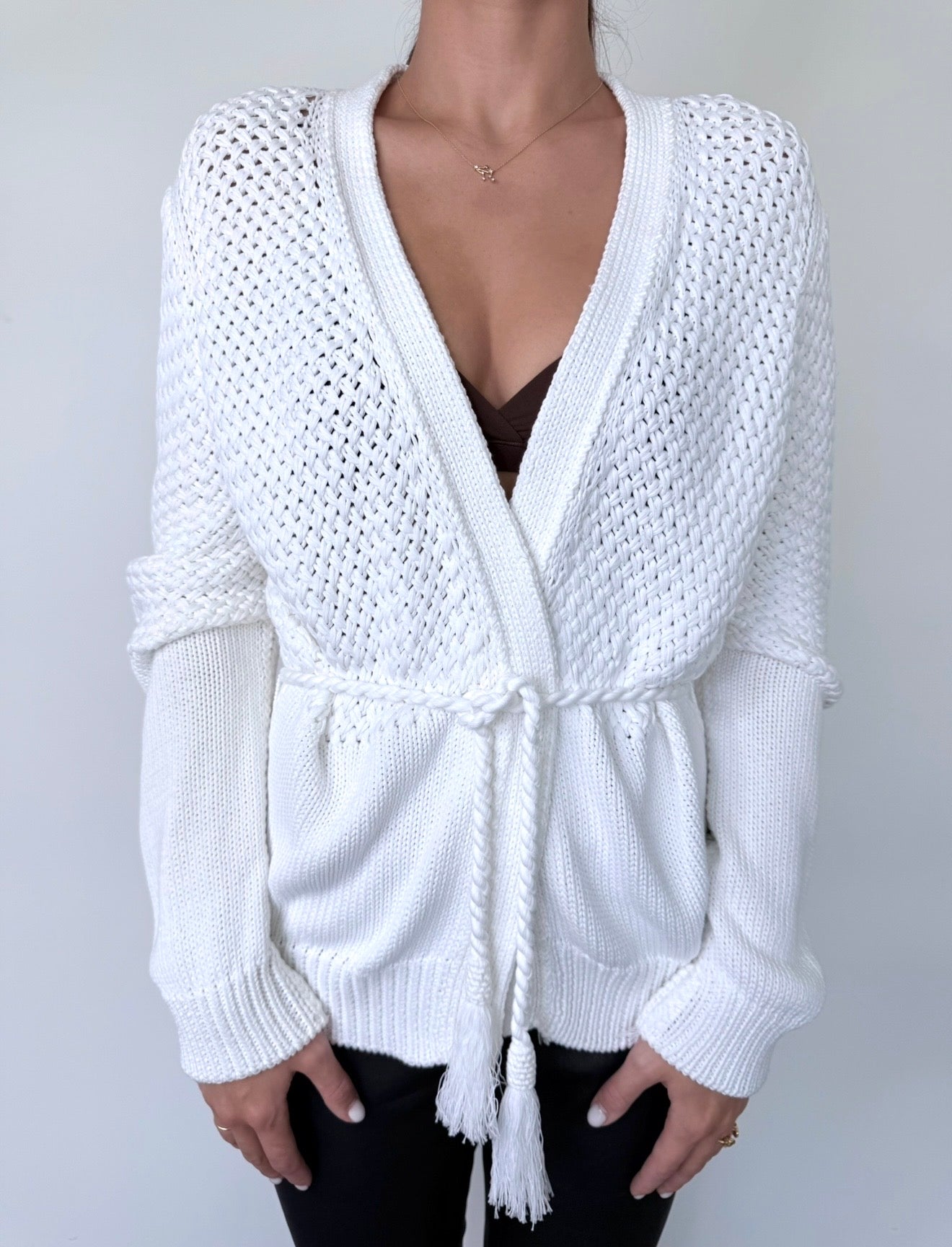 Hermes White Cotton Knot Cardigan w Rope Belt