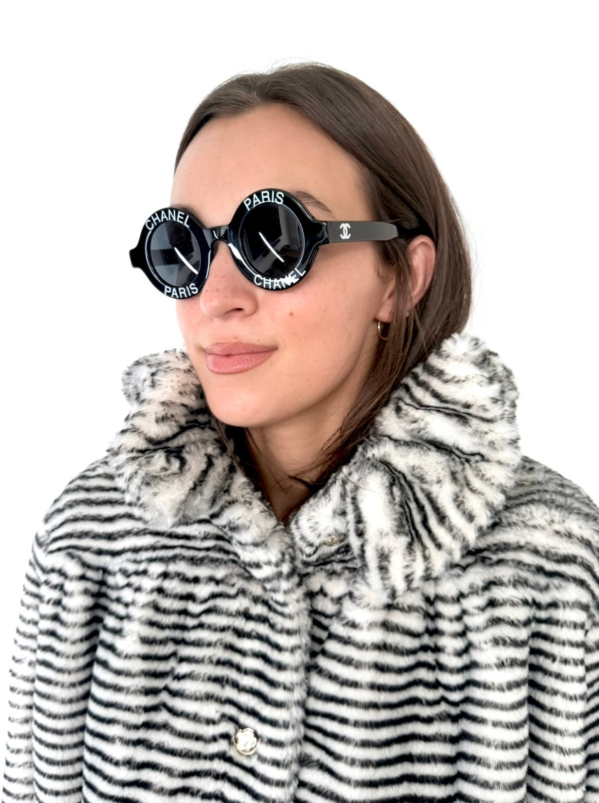 Black & White Faux Fur Striped Zebra Coat Excellent Condition