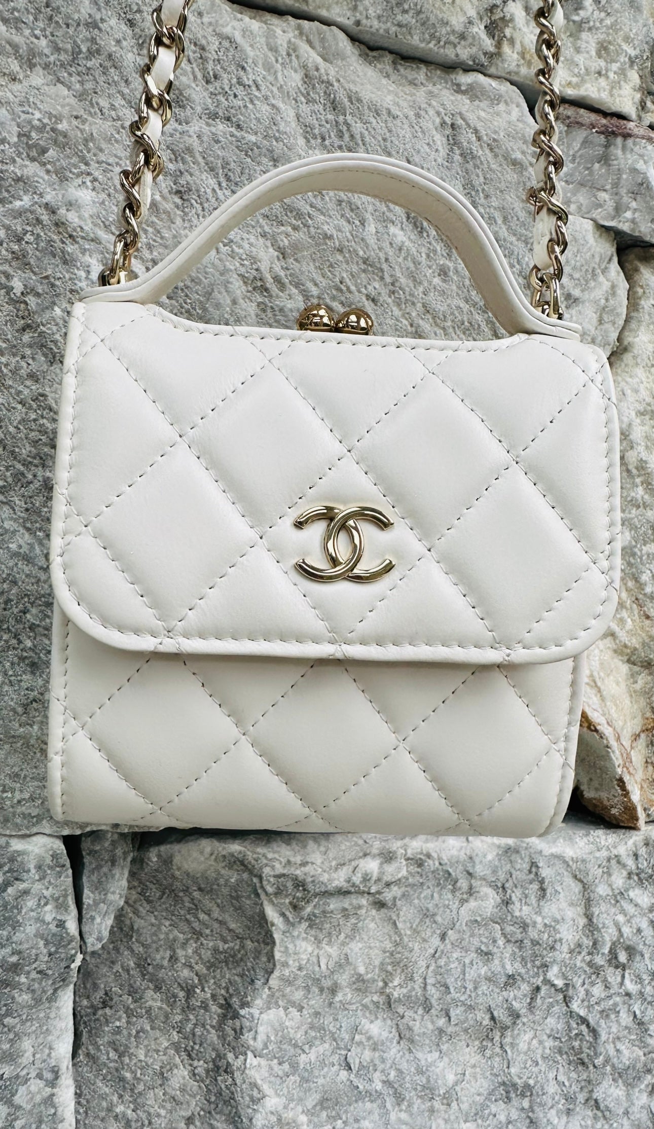 Off White Kisslock Frame Top Handle Quilted Lambskin Mini Bag