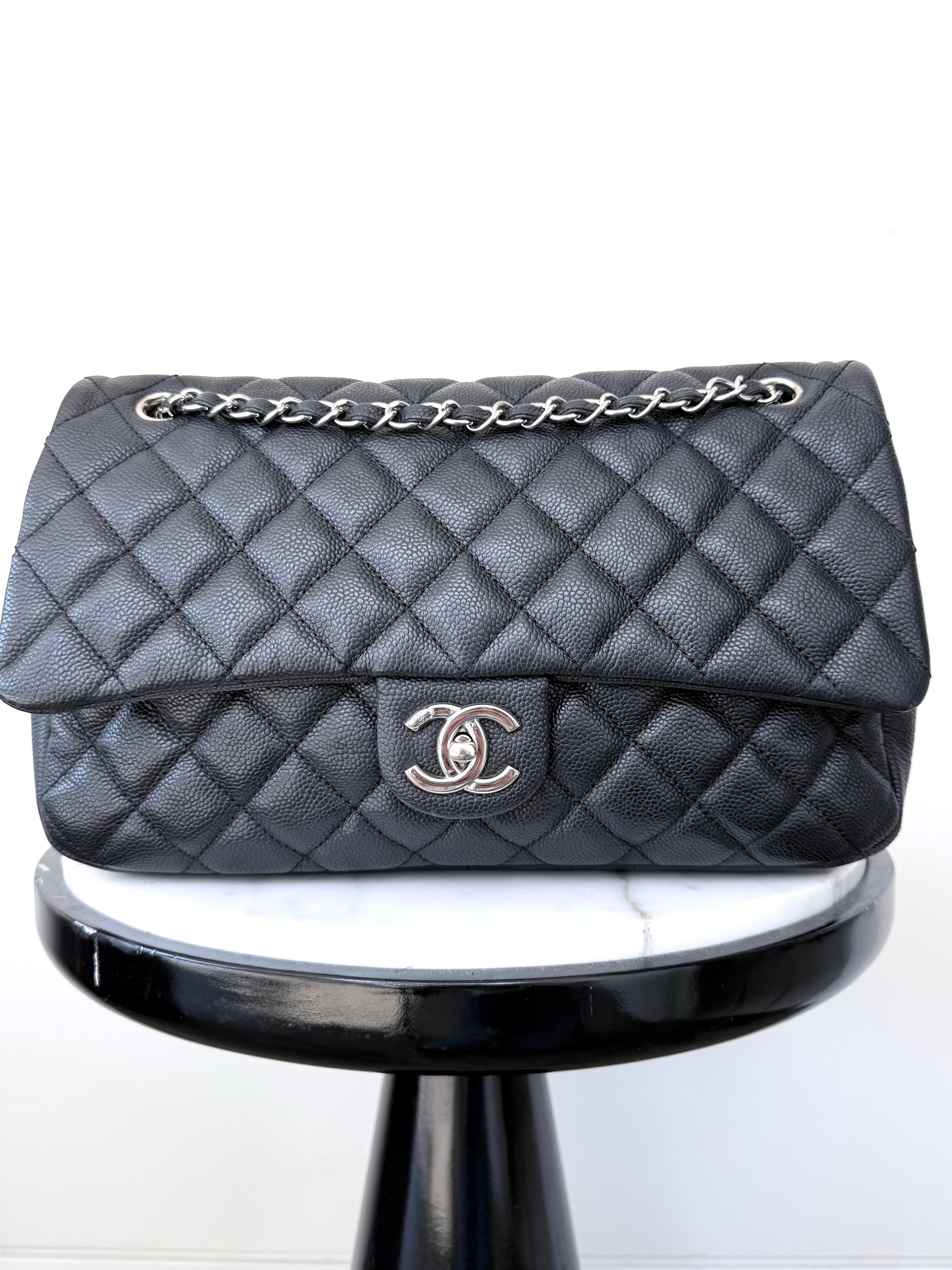 Black Quilted Caviar Jumbo Easy Flap Bag Good Condition
