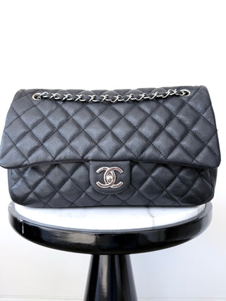 Black Quilted Caviar Jumbo Easy Flap Bag Good Condition