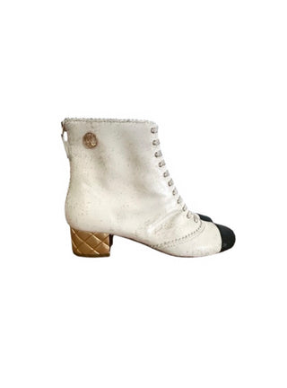 Chanel Lizard White & Black Toe Lace Up Boots