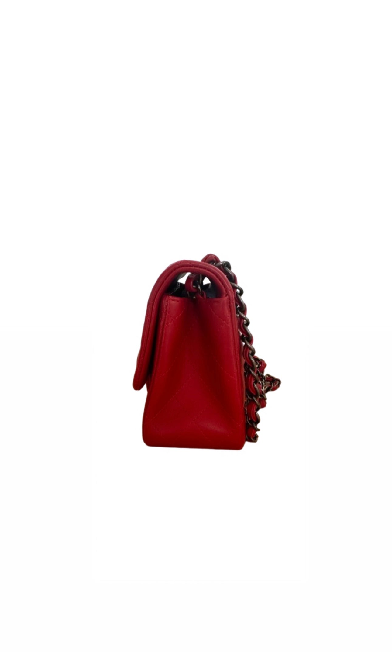 Red Square Mini Lambskin Quilted Flap Bag w Ruthenium Hardware