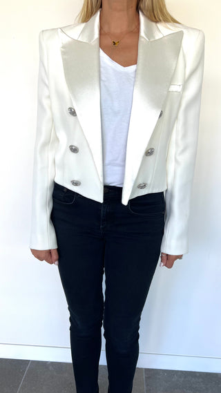 White Cropped Blazer with Silver Buttons