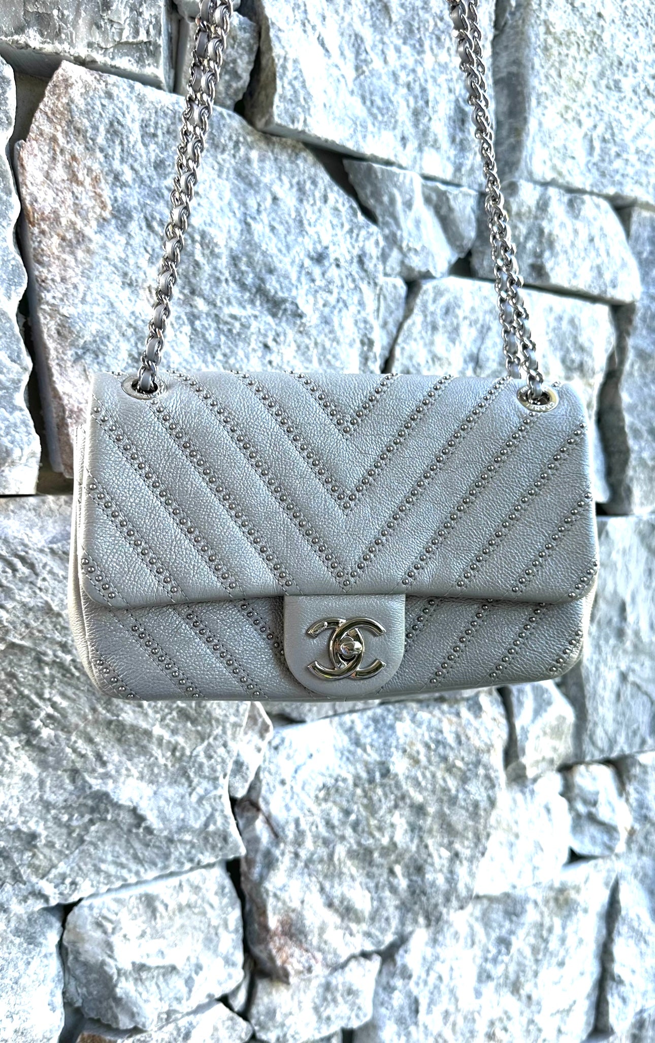 RARE Silver Studded Calfskin Quilted Small Flap Bag