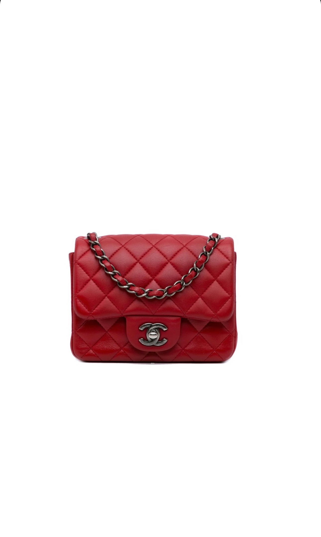 Red Square Mini Lambskin Quilted Flap Bag w Ruthenium Hardware
