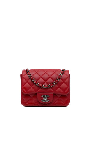 Red Square Mini Lambskin Quilted Flap Bag w Ruthenium Hardware