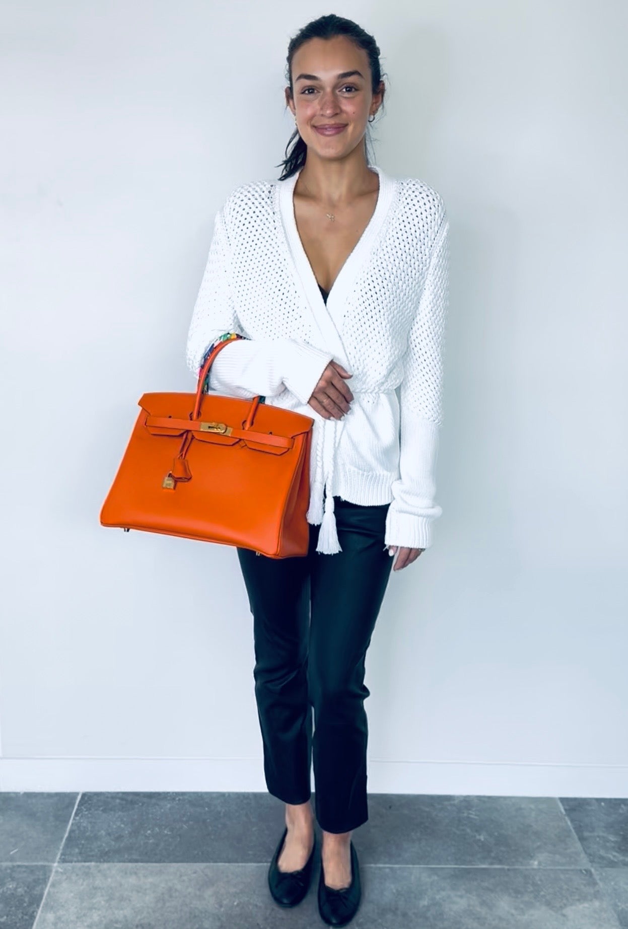 Hermes White Cotton Knot Cardigan w Rope Belt