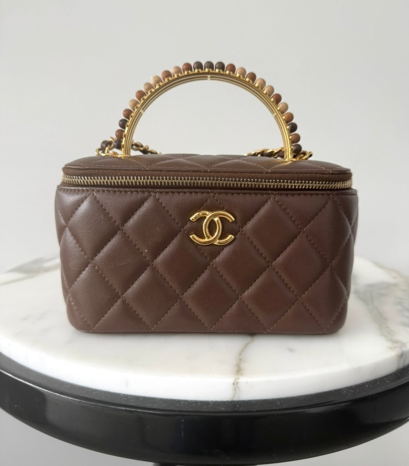Brown Lambskin Matelasse Wooden Beaded 2 Way Vanity Bag