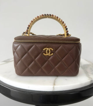 Brown Lambskin Matelasse Wooden Beaded 2 Way Vanity Bag
