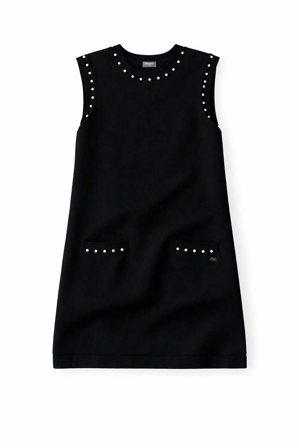 Chanel Black Sleeveless Shift Dress w Pearl Embellishment