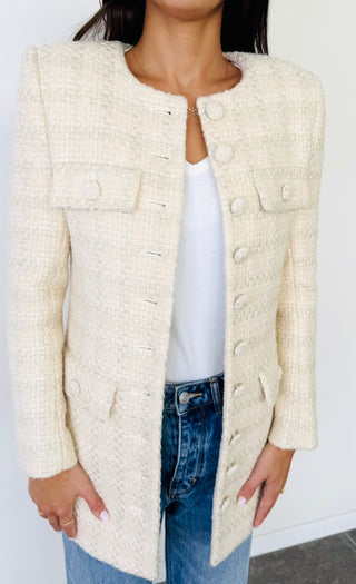Saint Laurent Off White Tweed Mid Length Coat